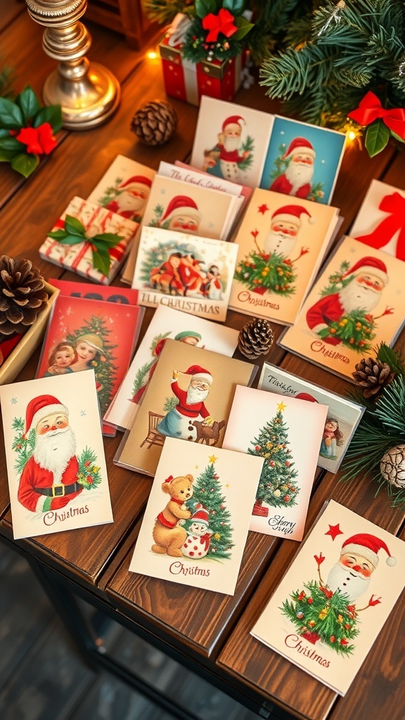 A display of vintage 1950s Christmas cards with festive illustrations on a wooden table.